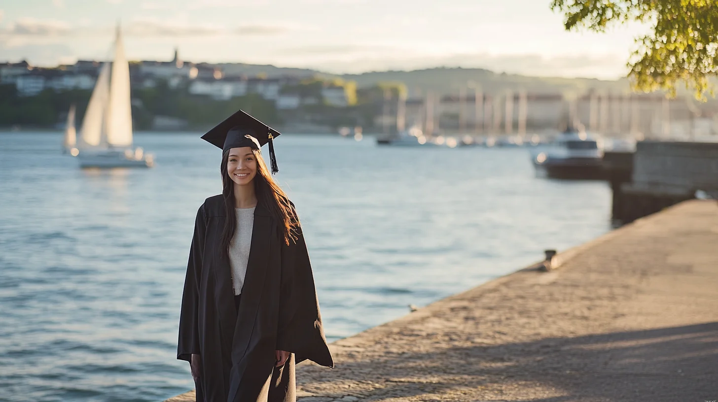 UMass Boston graduate in cap and gown at Nantasket Beach in Hull, Massachusetts, golden hour light off the water