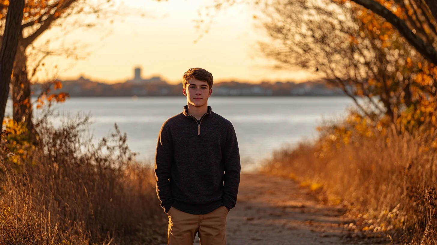 Weymouth High School senior portrait at Webb Memorial State Park on the peninsula with golden hour light across Hingham Bay