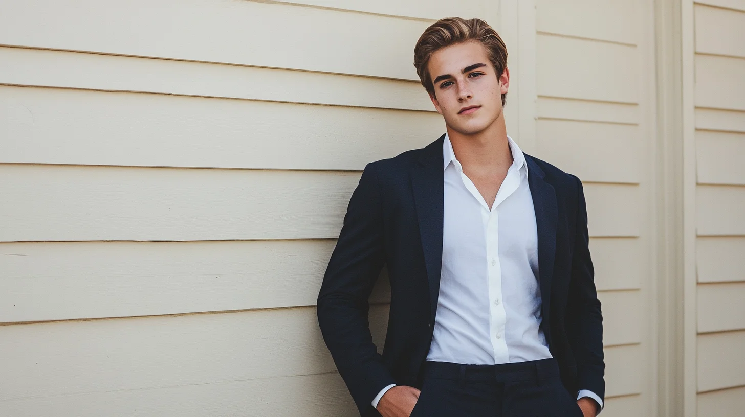 High school senior standing outdoors during a portrait session on the South Shore of Massachusetts, natural light, relaxed and confident expression