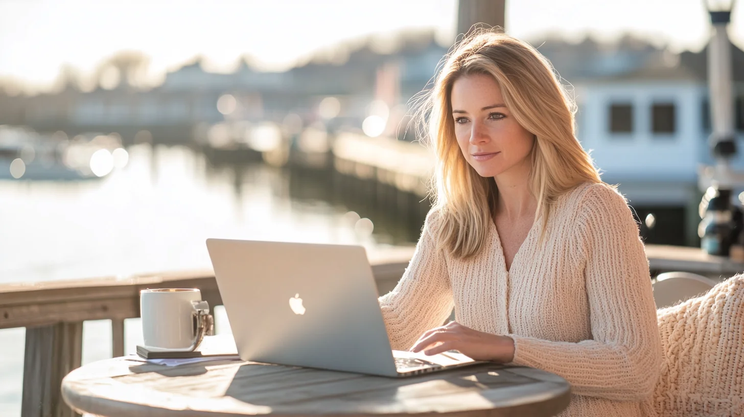 Entrepreneur working at a bright desk during a personal branding photography session on the South Shore of Massachusetts, natural light coming through large windows