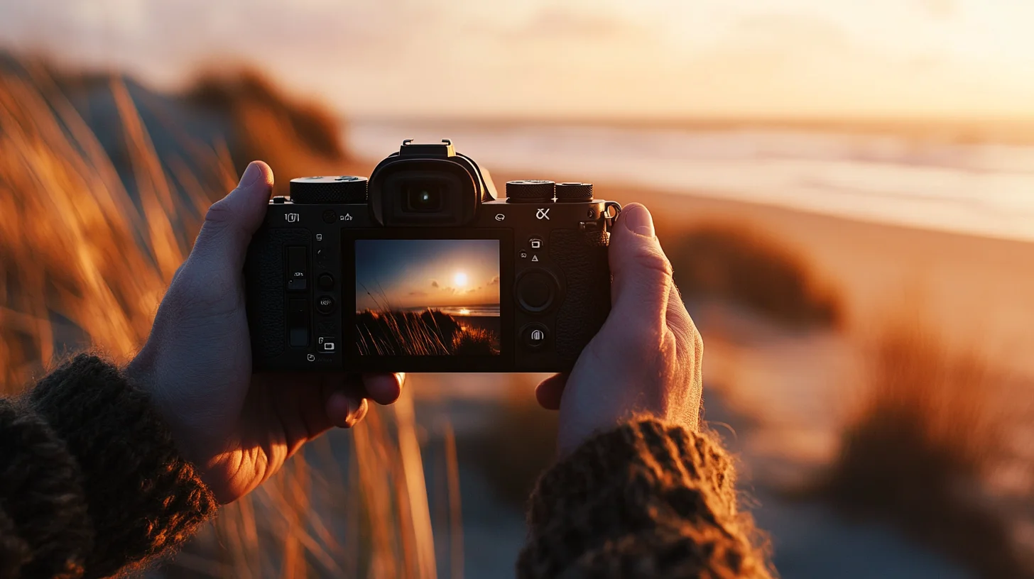 Close-up of a camera LCD display showing ISO settings being adjusted during a portrait session on the South Shore of Massachusetts