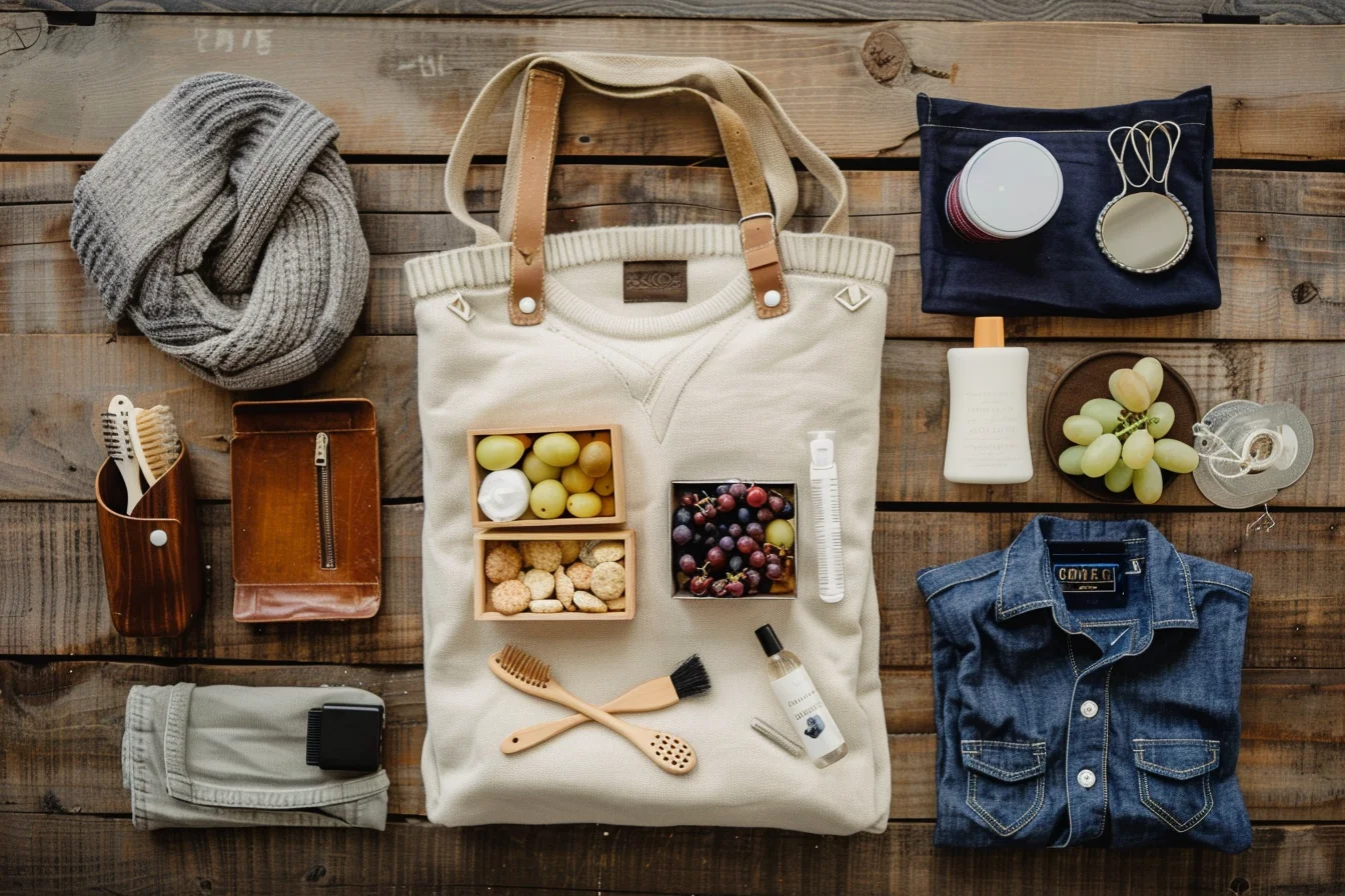 Family tote bag packed with neatly folded outfits, snacks in containers, wipes, and a hairbrush ready for an outdoor South Shore portrait session
