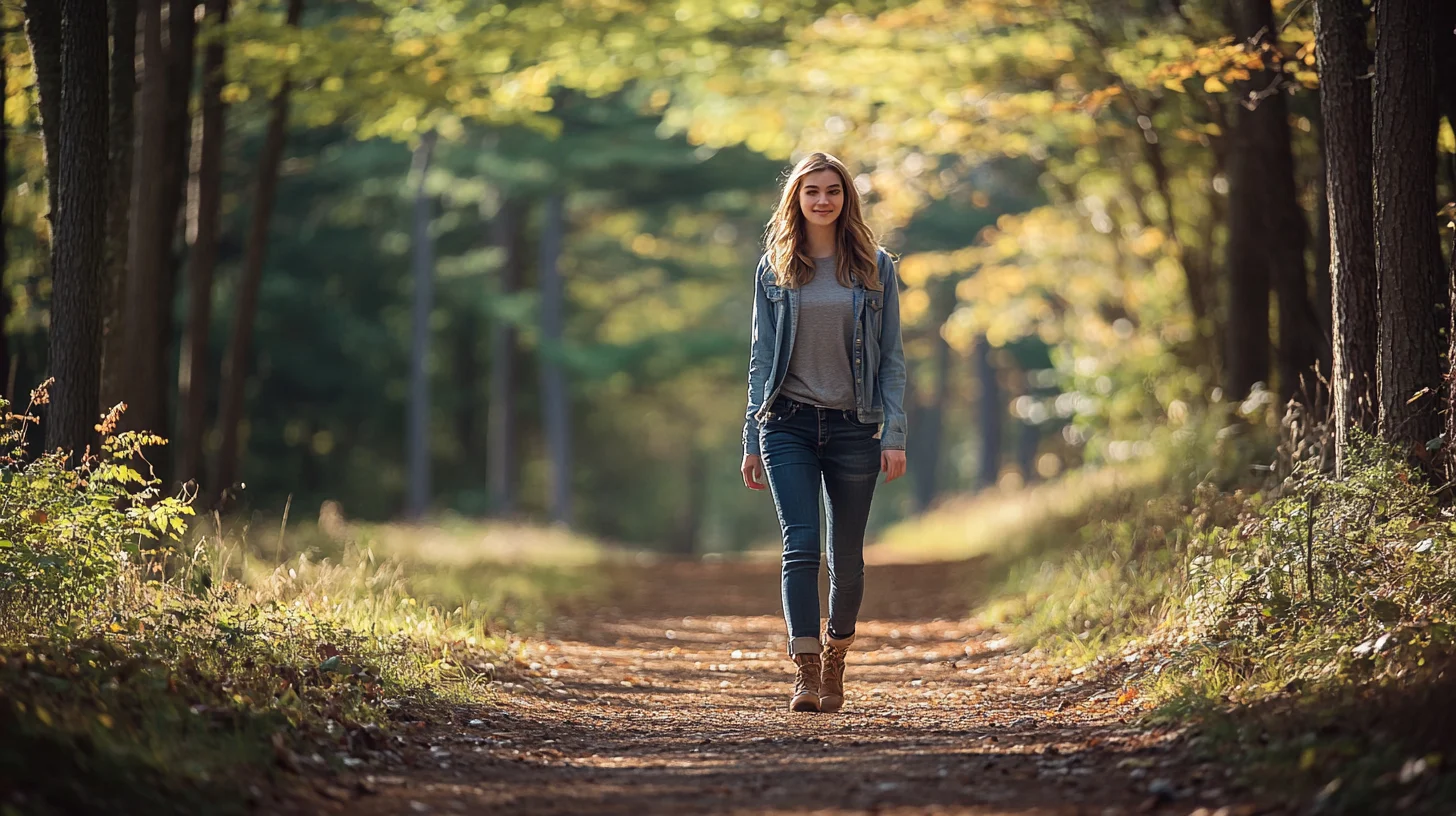 Senior portrait session in a natural wooded setting near Whitman-Hanson Regional High School, Massachusetts, warm afternoon light filtering through trees
