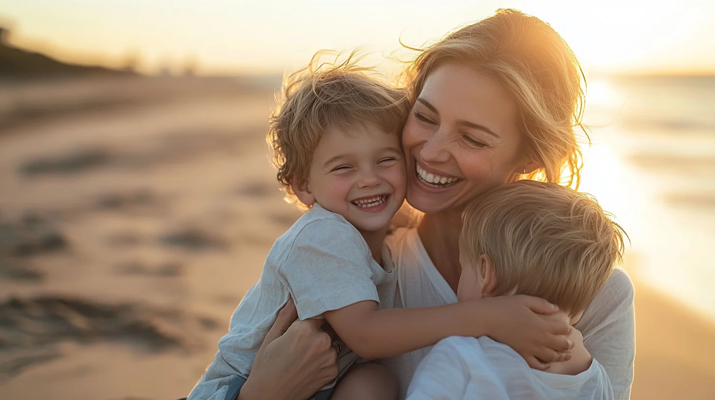 Mother laughing with her children during an outdoor family portrait session on the South Shore of Massachusetts, warm afternoon light filtering through the trees