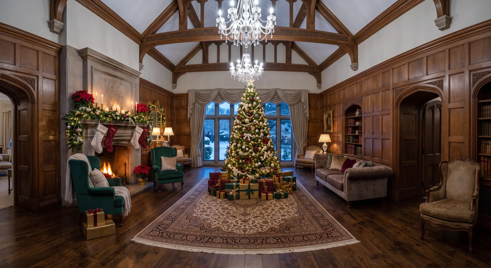 Illustration of the Christmas Tree and Fireplace printed backdrop used at the Rockland, MA studio