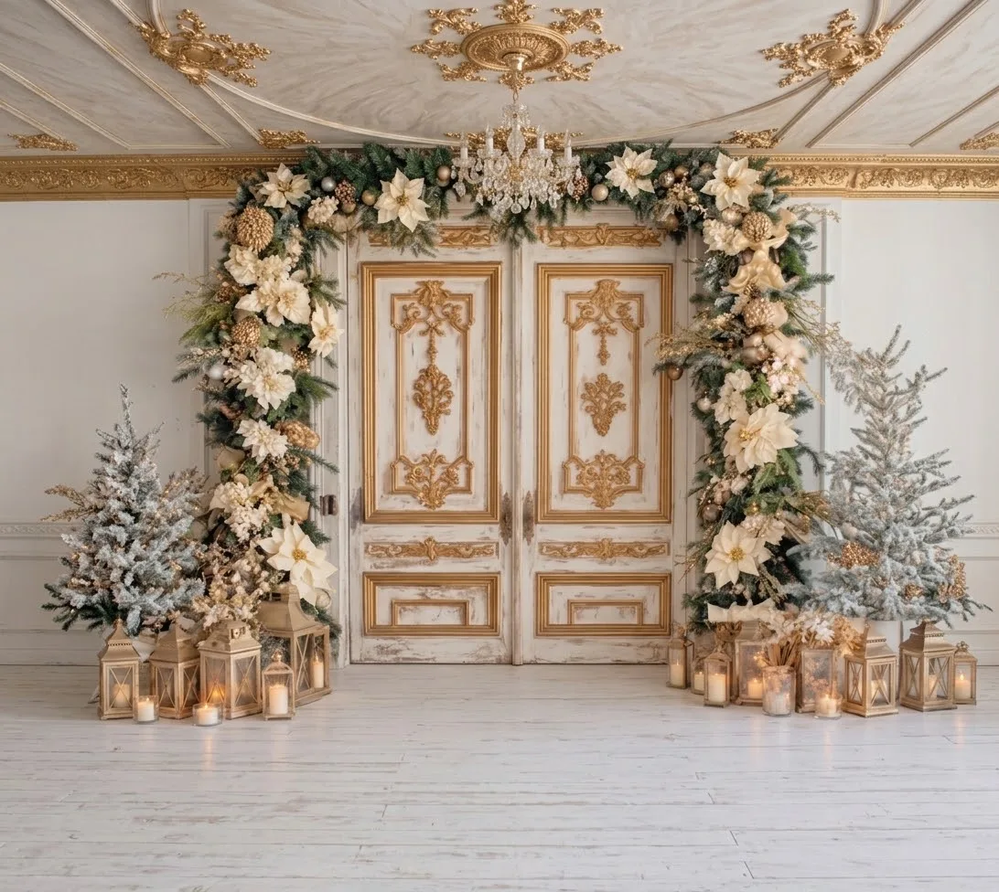 Illustration of the White and Gold Doors printed Christmas backdrop used at the Rockland, MA studio