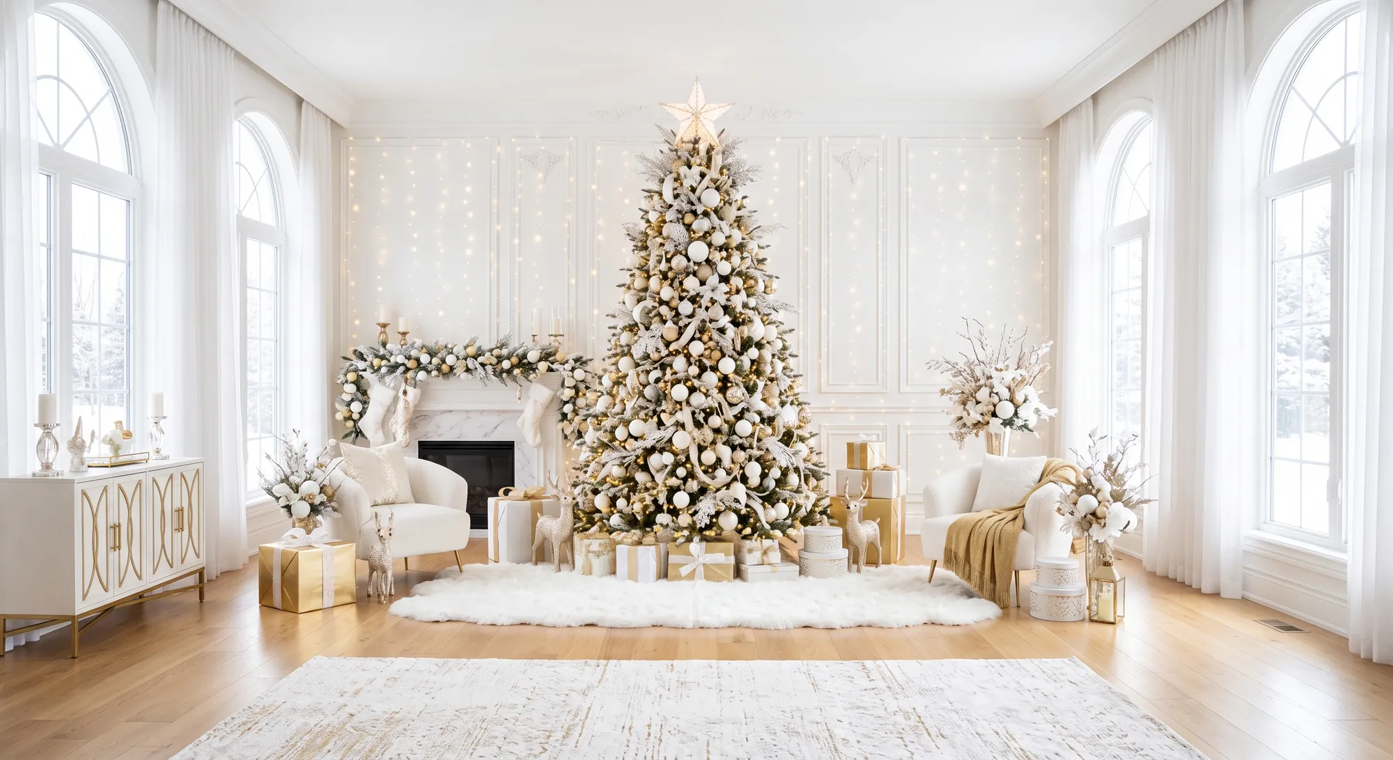 Illustration of the Winter White Living Room printed Christmas backdrop used at the Rockland, MA studio