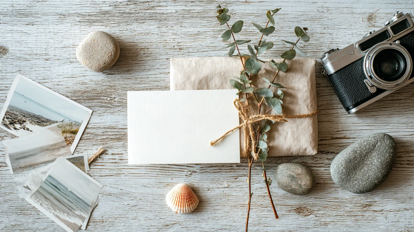 Blank gift card with a twine-tied kraft envelope, beach prints, sea stones, and a vintage camera on a whitewashed table