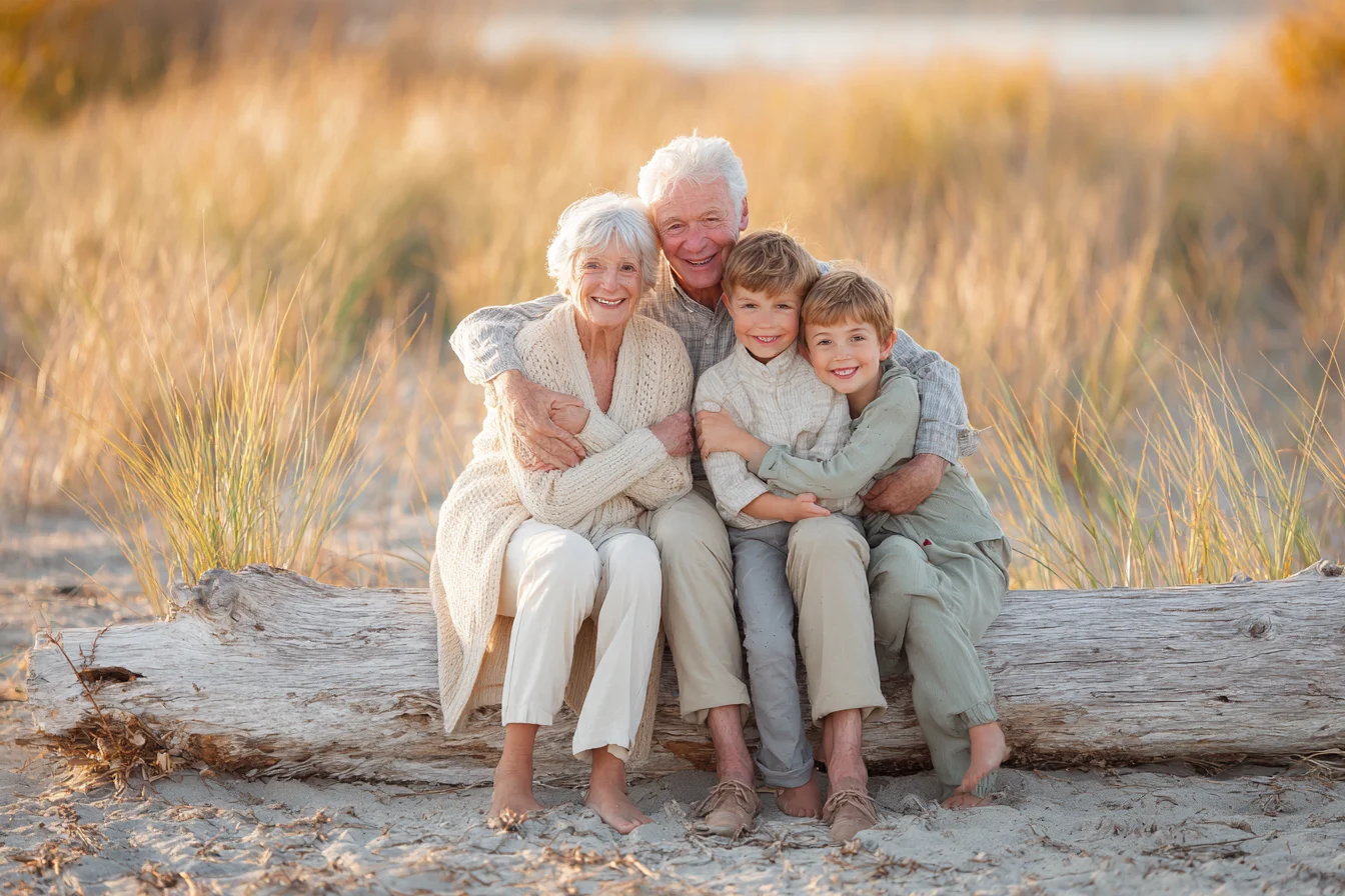Grandparents hugged by their grandchildren on a driftwood log at a South Shore beach