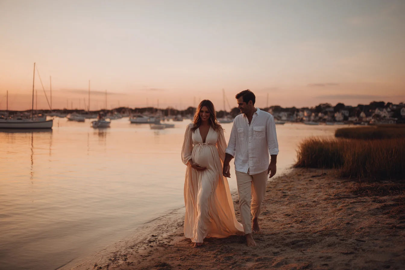 Expecting couple walking hand in hand along a South Shore harbor beach at golden hour