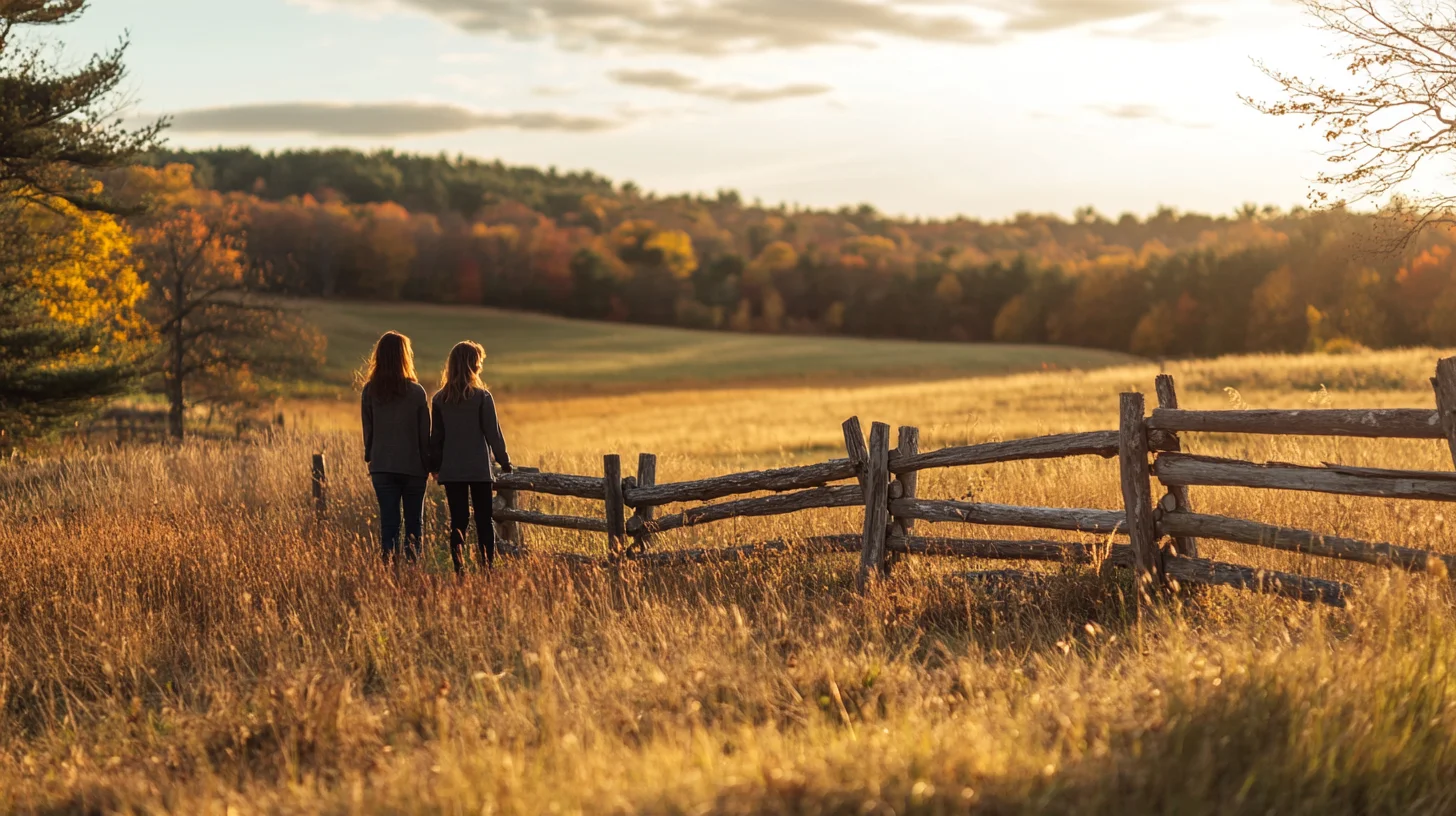 Mother and daughter beside a split-rail fence on open pasture at Weir River Farm in Hingham MA