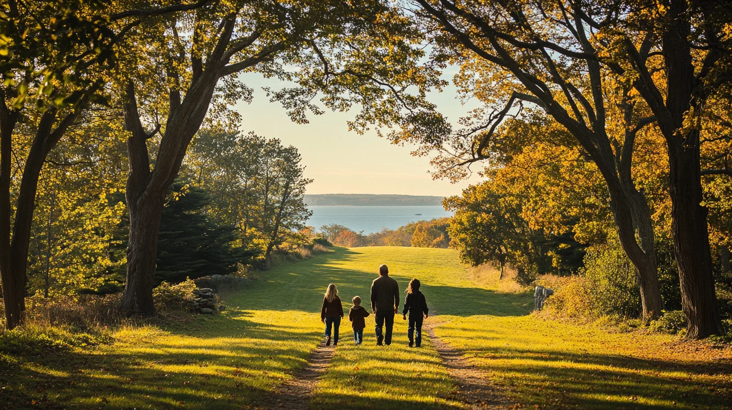 Family walking a tree-lined carriage path during a portrait session at World's End in Hingham MA