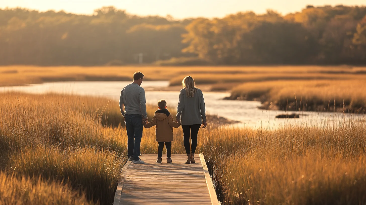 Portrait session at a salt marsh with boardwalk and golden grass — South Shore Photography