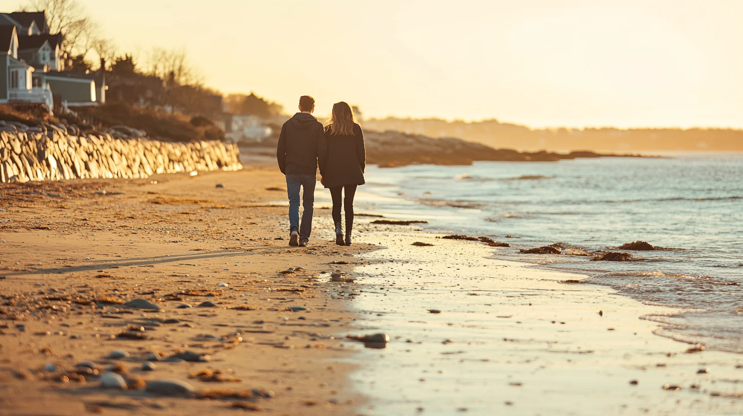 Coastal portrait session on a quiet New England beach with tidal pools and a stone seawall