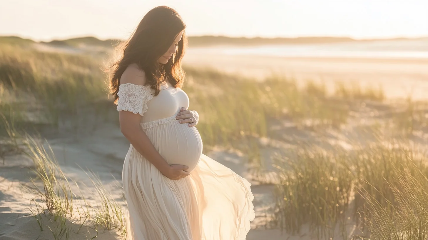 Coastal beach portrait session on a wide open sandy shoreline with low dunes and warm afternoon light