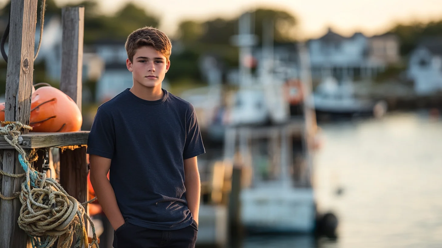 Outdoor coastal portrait session on a New England harbor with weathered docks and fishing boats in the background