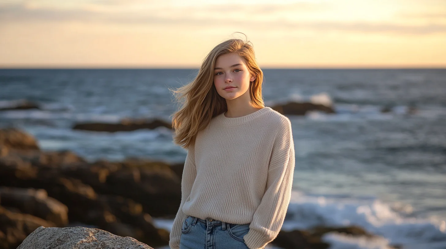 Coastal New England portrait session at golden hour along a rocky harbor shoreline