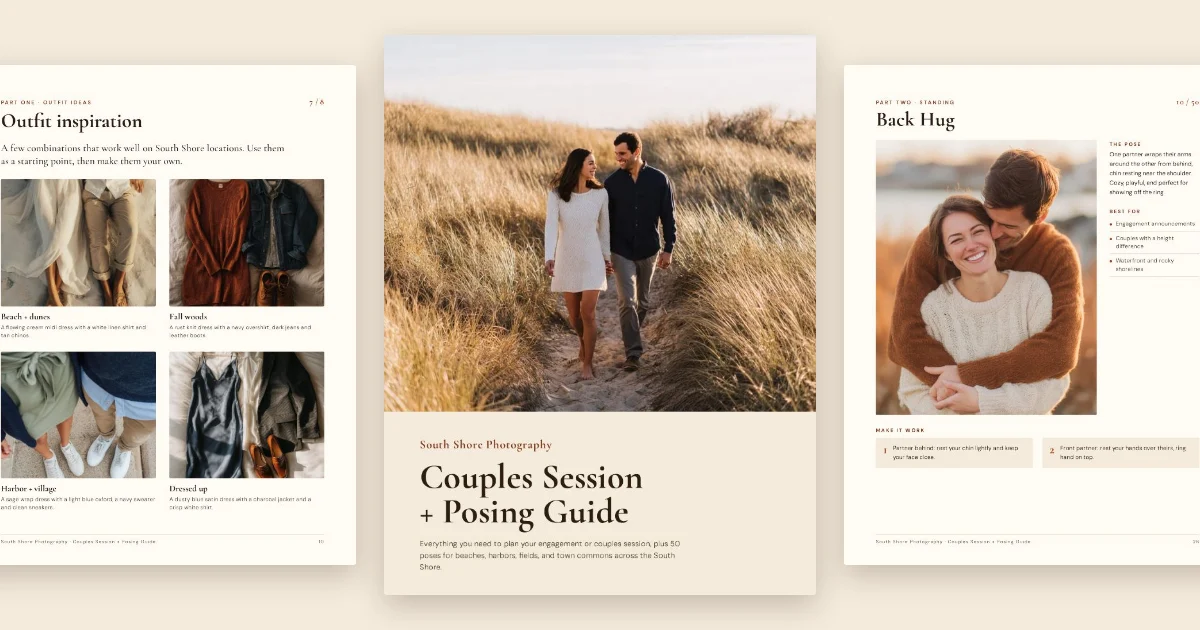 Three pages from the Couples Session and Posing Guide: the cover, the Back Hug pose, and outfit inspiration