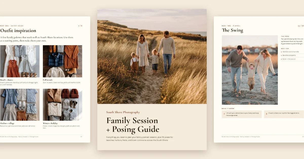 Three pages from the Family Session and Posing Guide: the cover, The Swing pose, and outfit inspiration