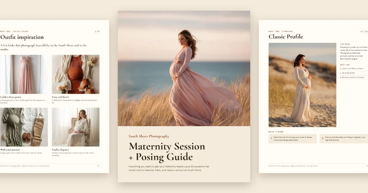Three pages from the Maternity Session and Posing Guide: the cover, the Classic Profile pose, and outfit inspiration