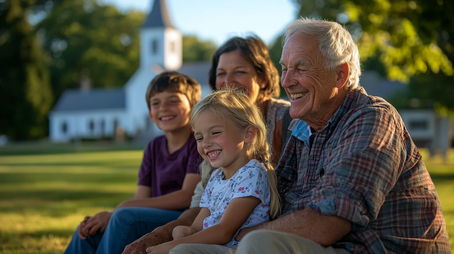 Multigenerational family gathered on the lawn of Cohasset Common Massachusetts with the historic white church in the background