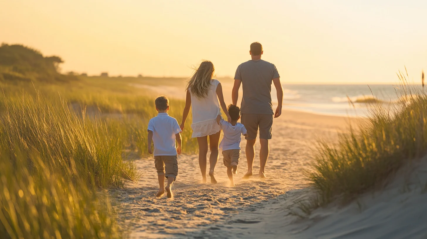 Family of four walking along Duxbury Beach Massachusetts at golden hour during an outdoor family portrait session