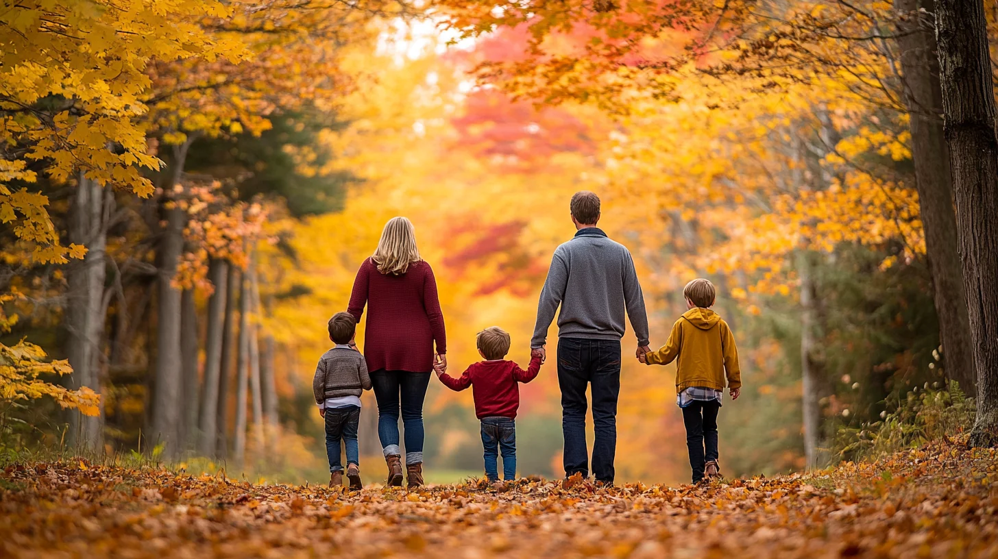 Family of four walking through peak fall foliage on a leaf-strewn path during an autumn family portrait session on the South Shore Massachusetts