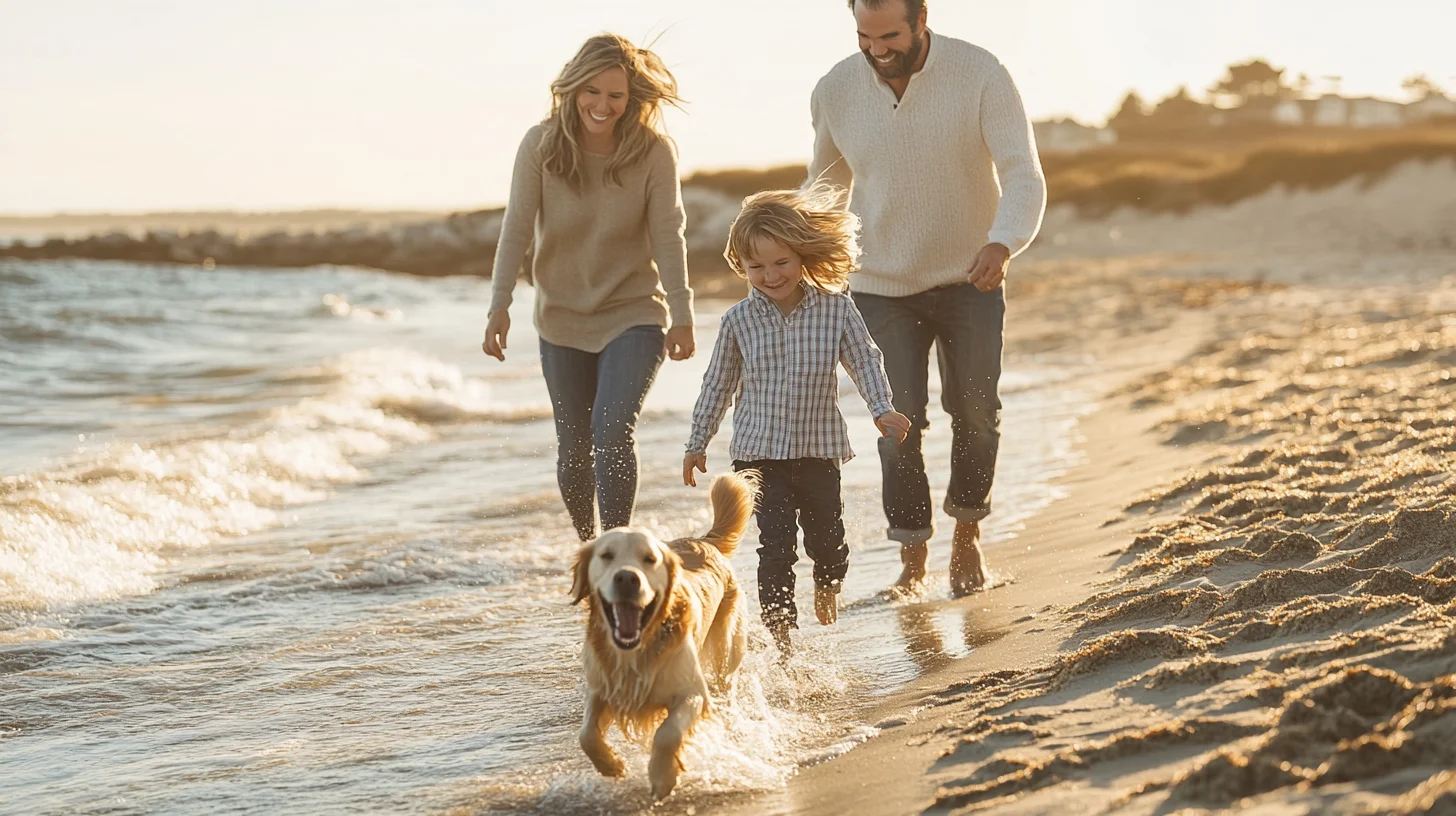 Outdoor family portrait of a family of four with their golden retriever walking along a South Shore Massachusetts beach at golden hour
