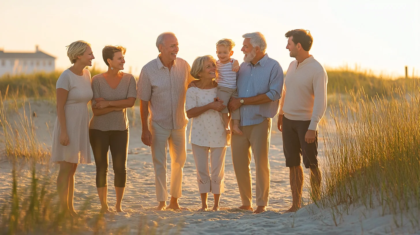 Extended multigenerational family of seven at Duxbury Beach Massachusetts during a family reunion portrait session at golden hour