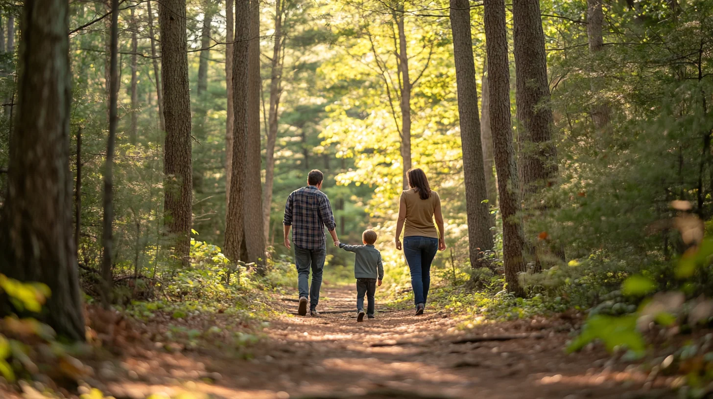 Family of three walking together on a wooded trail at Norris Reservation in Norwell Massachusetts during an inland family portrait session