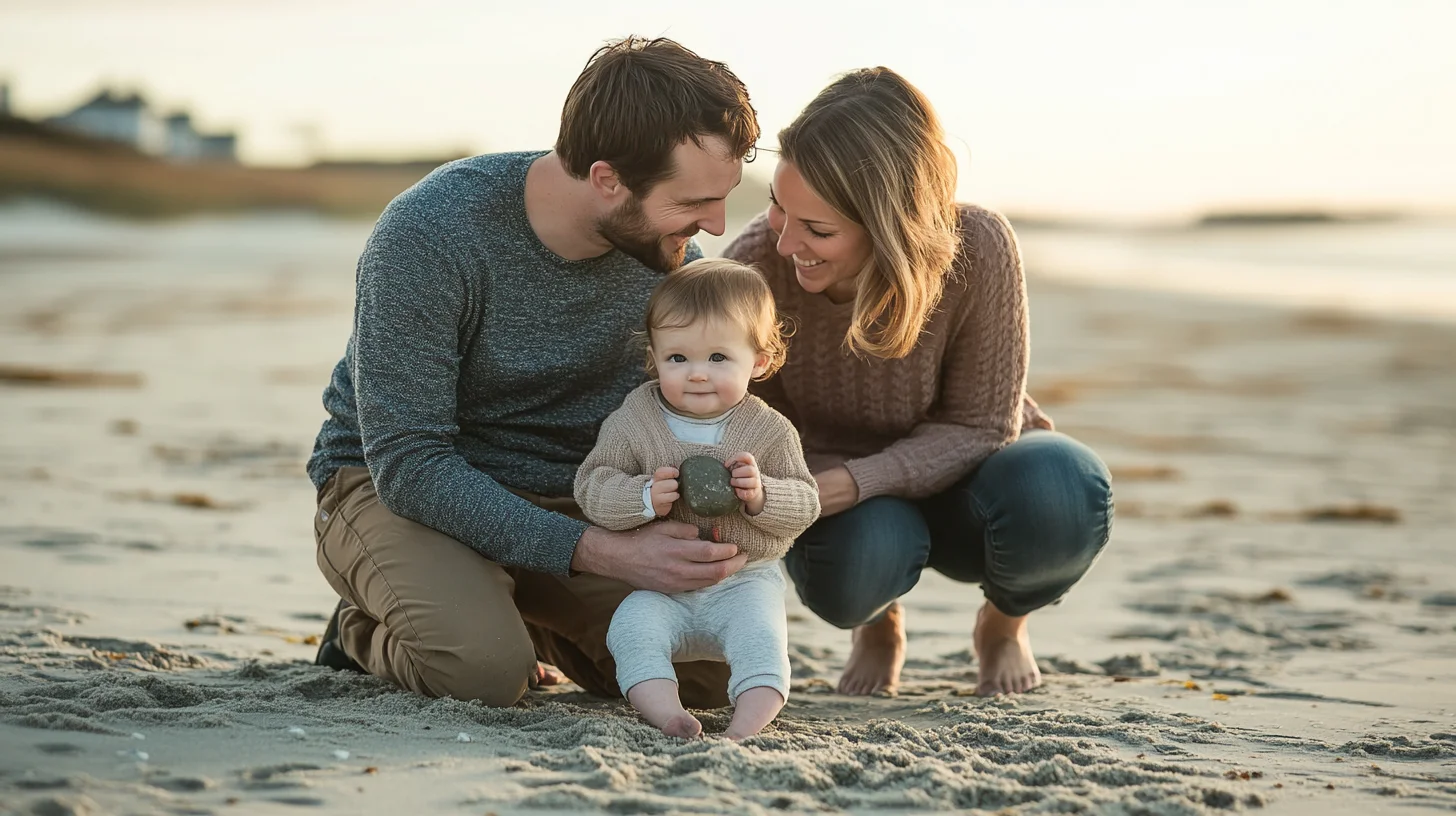 Young family kneeling on the sand at Plymouth Long Beach Massachusetts during a toddler-inclusive family portrait session