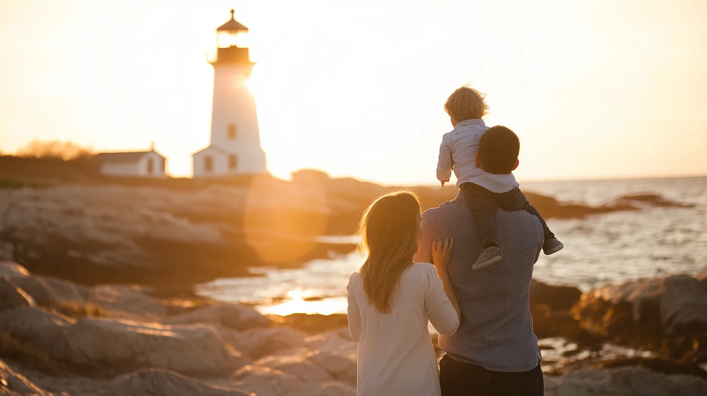 Young family with toddler near Scituate Lighthouse Massachusetts at golden hour during a coastal family portrait session
