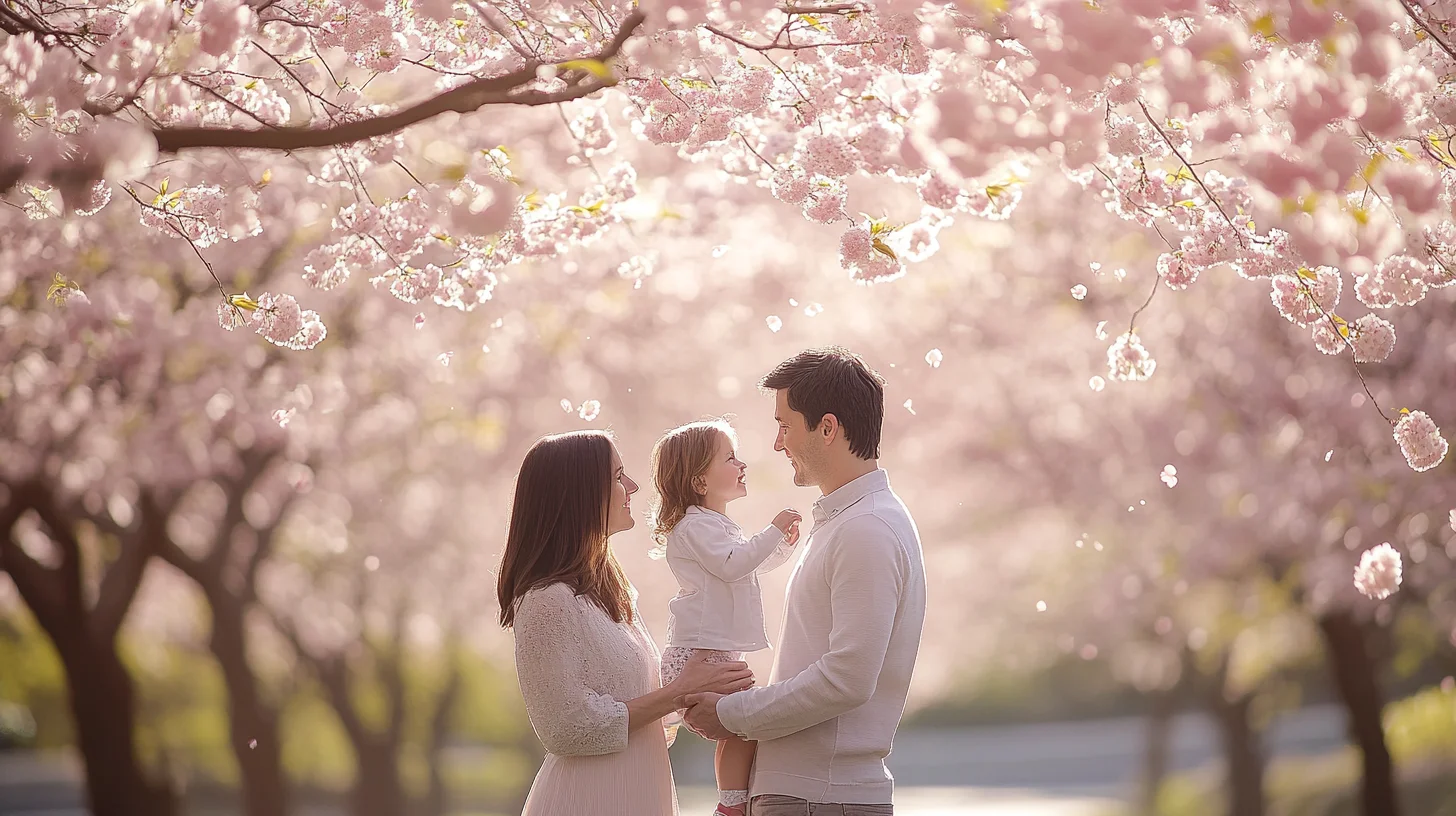 Family of three beneath a canopy of pink cherry blossoms during a spring family portrait session on the South Shore Massachusetts