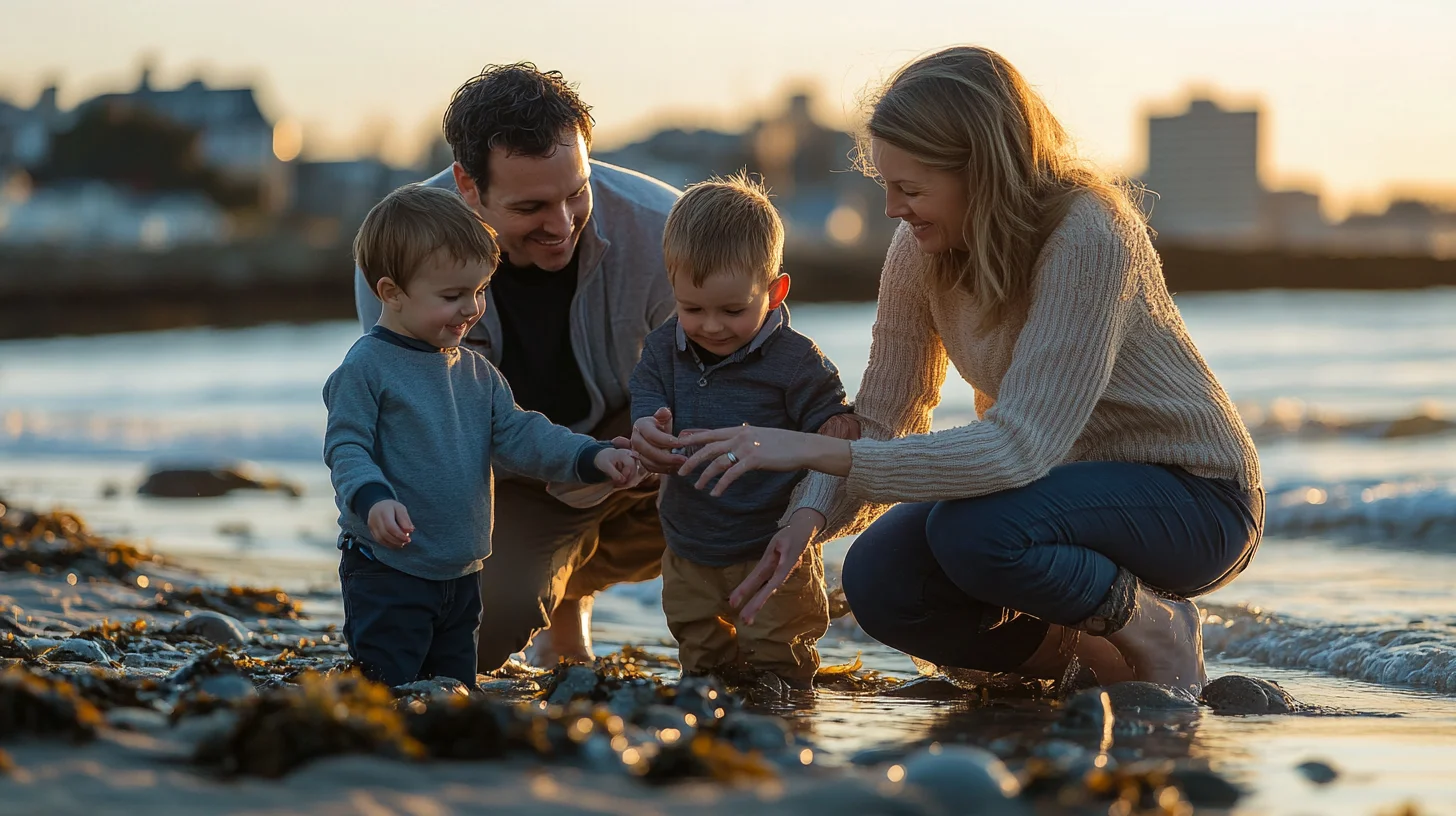 Family kneeling at the tide line at Wollaston Beach in Quincy Massachusetts during a candid family portrait session