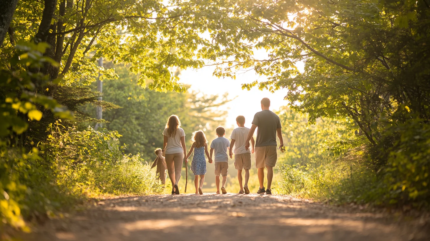 Family of five walking together down a sun-dappled carriage path at World's End in Hingham Massachusetts