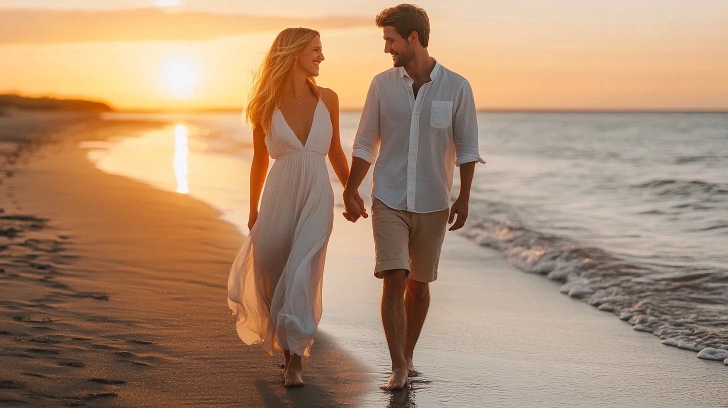 Couple walking along a South Shore beach at golden hour during a beach engagement photo session