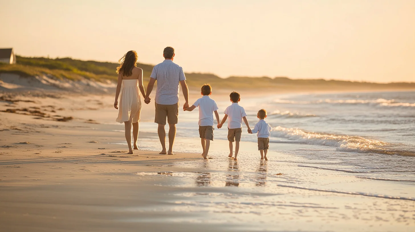 Family walking together on a South Shore beach at golden hour — beach family portrait session