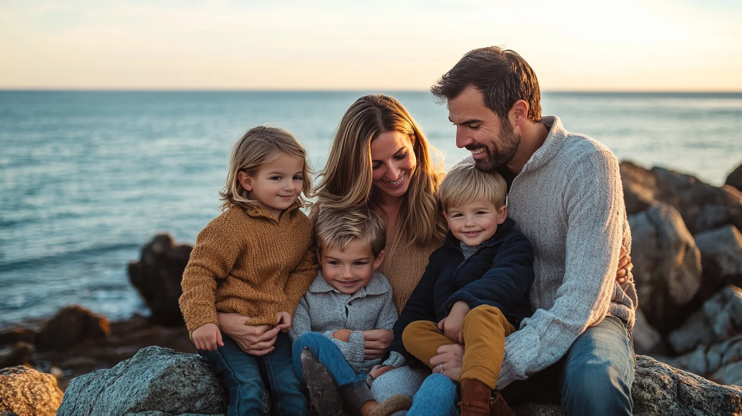 Wide open South Shore sandy beach at golden hour — families and seniors photographed along the Massachusetts Atlantic coastline