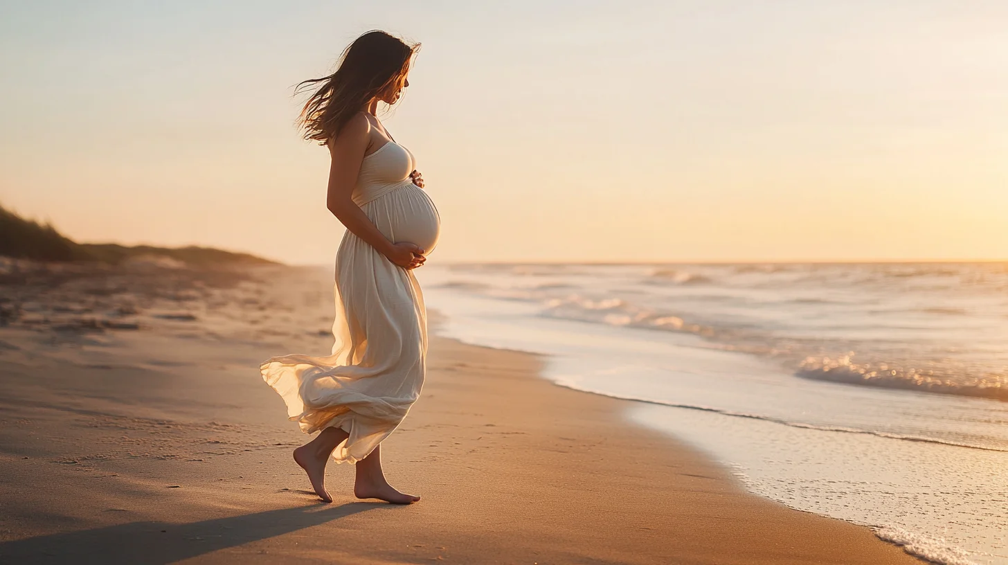 Expecting mother in a flowing dress standing at the water's edge on a South Shore beach at golden hour