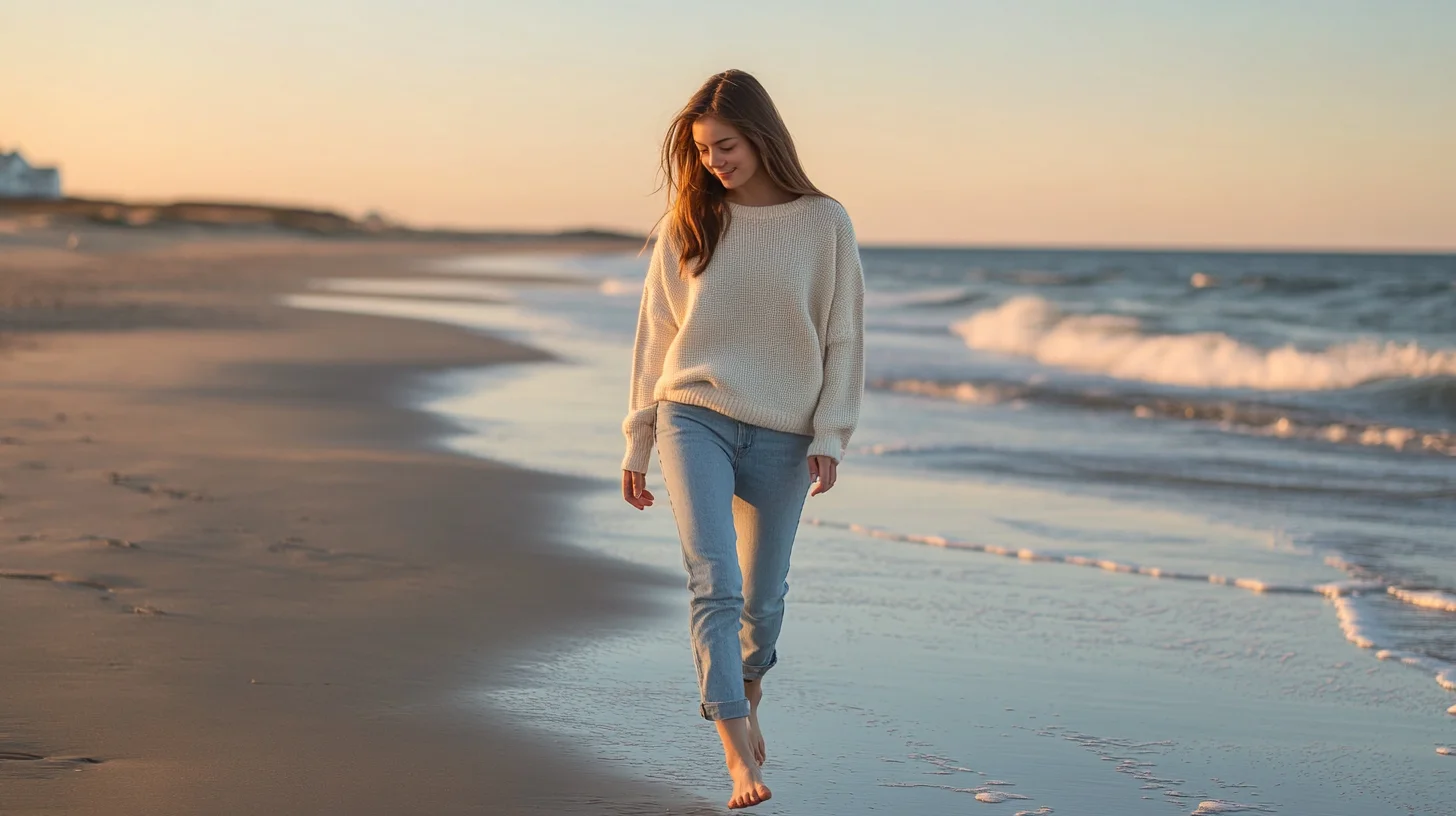Senior portrait session on a South Shore beach at golden hour — open sand, warm light, coastal Massachusetts